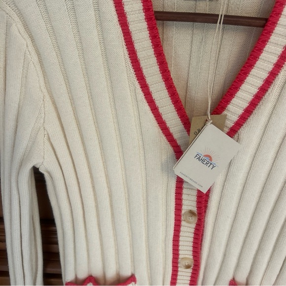 Faherty Game Set XS Organic Cotton Cashmere Rib Cardigan Cream Pink Tennis Prep - Picture 2 of 11